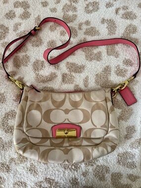 Coach Khaki Signature Canvas Crossbody with Pink Trim